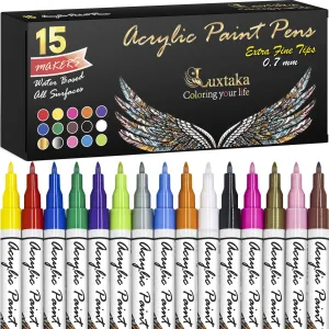 15 Aсrуlіс Paint Pens for Rock Painting, Stone, Ceramic, Glass, Wood, Scrapbooking, Metal, Canvas and Fabric with 0.7mm Extra Fine Tip Markers for Adult Coloring