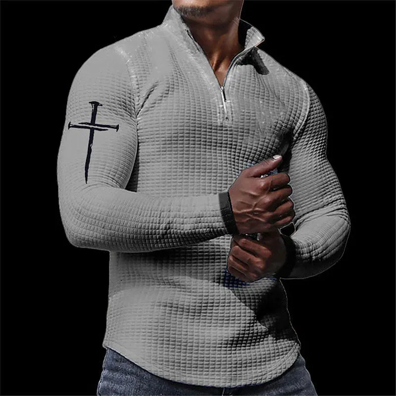 3D Waffle Polo Shirt with Stand Collar - Men's Vintage Print Long Sleeve Golf Polo for Outdoor Casual Streetwear