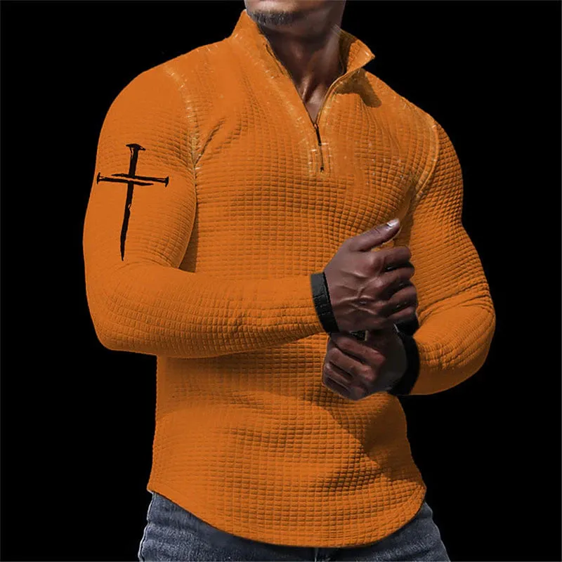 3D Waffle Polo Shirt with Stand Collar - Men's Vintage Print Long Sleeve Golf Polo for Outdoor Casual Streetwear