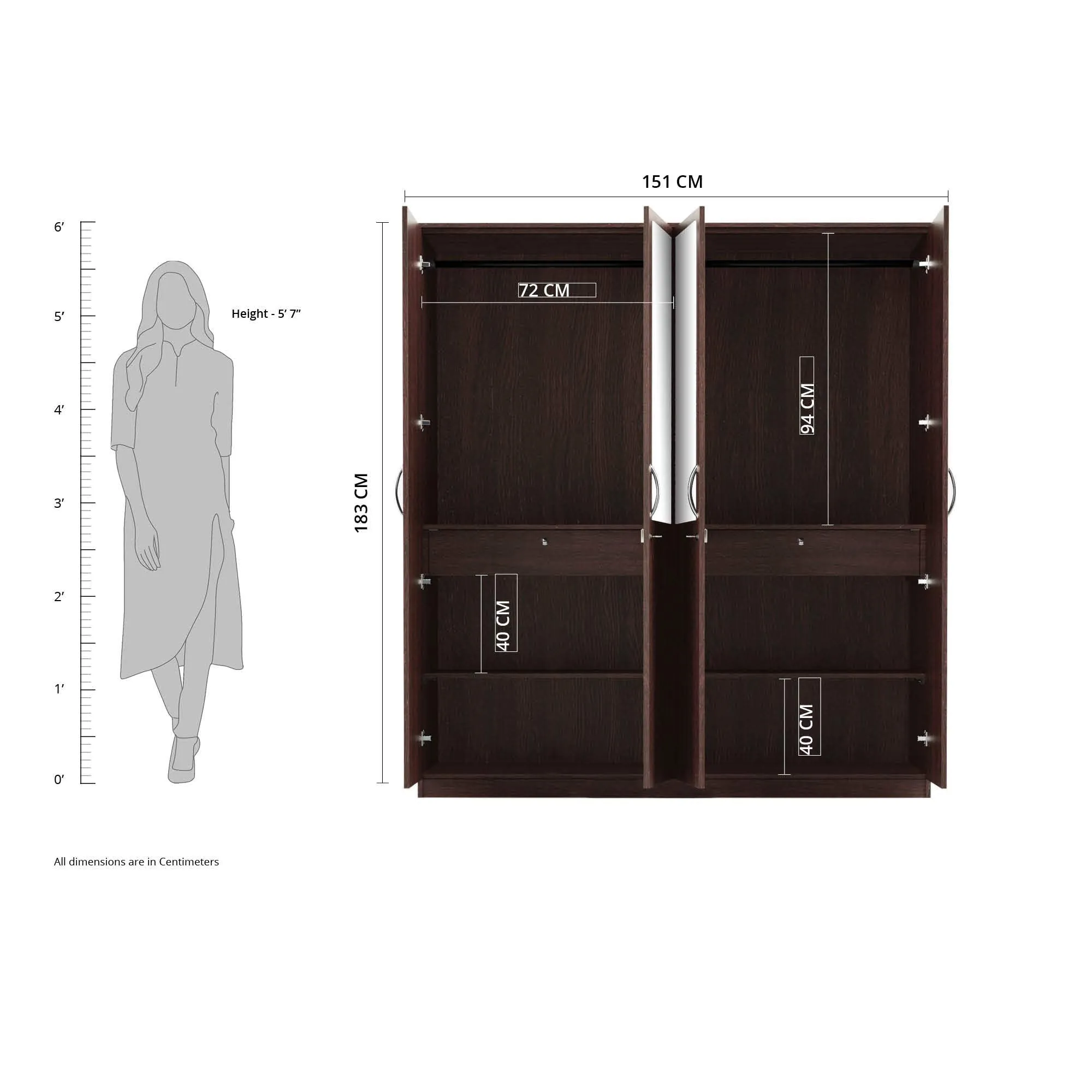 Amazon Brand - Solimo Lindsay Engineered Wood 4 Door Wardrobe with Drawers and Mirror (Wenge Finish)