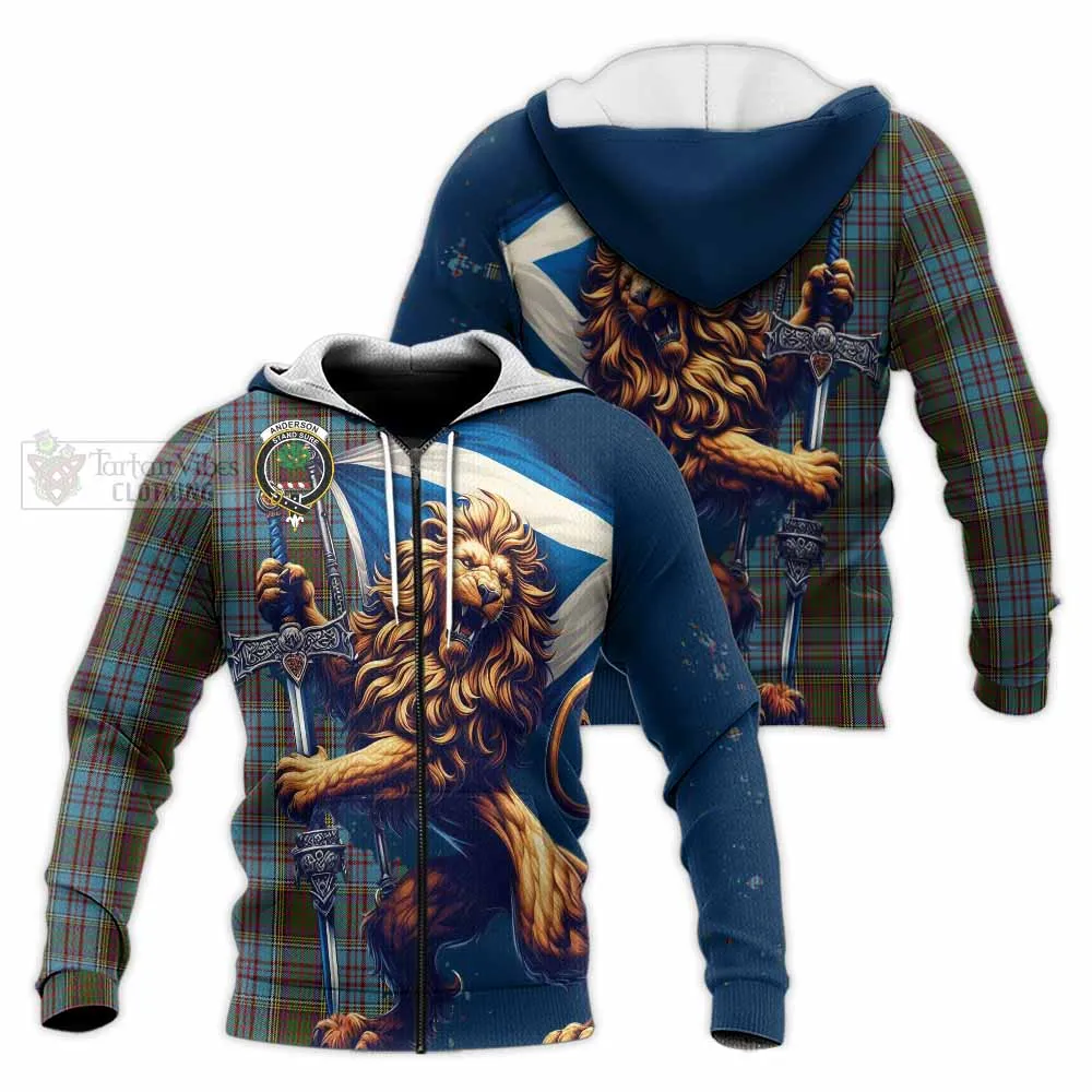 Anderson Tartan Family Crest Knitted Hoodie with Scottish Majestic Lion