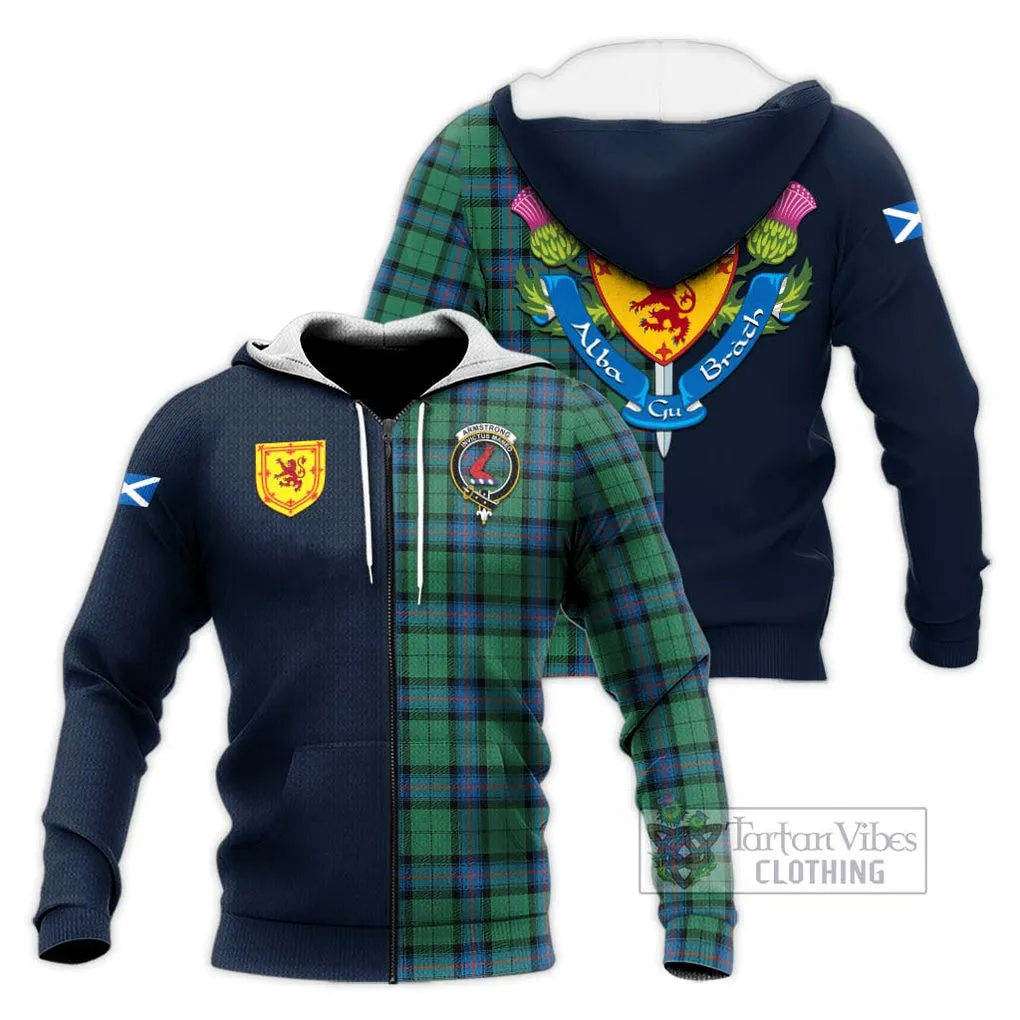 Armstrong Ancient Tartan Knitted Hoodie Alba with Scottish Lion Royal Arm Half Style