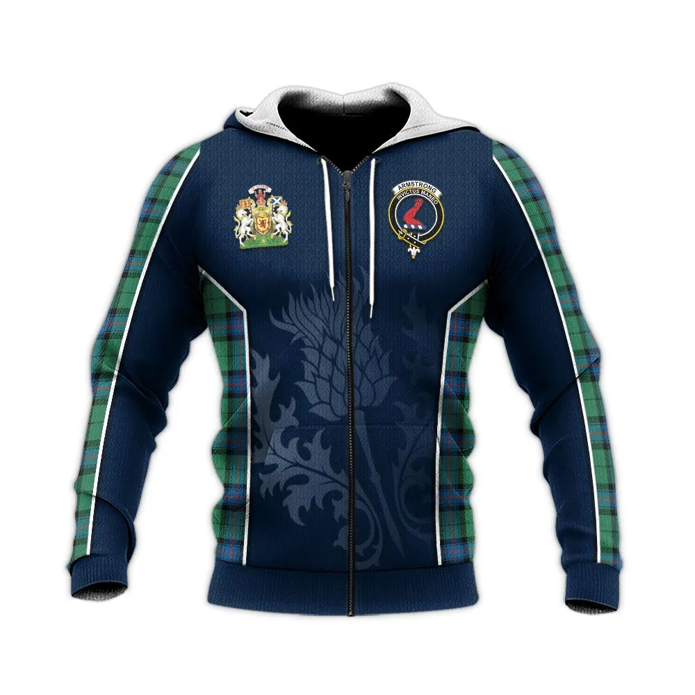 Armstrong Ancient Tartan Knitted Hoodie with Family Crest and Scottish Thistle Vibes Sport Style