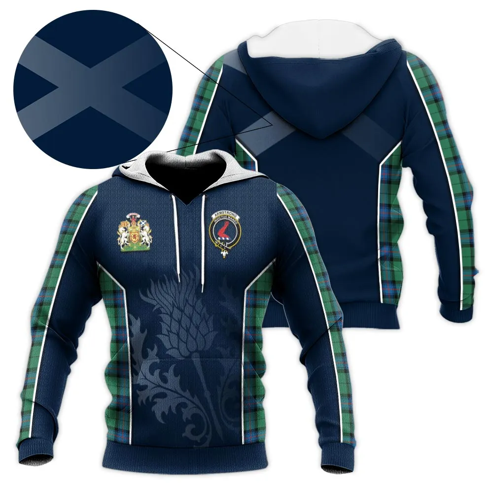 Armstrong Ancient Tartan Knitted Hoodie with Family Crest and Scottish Thistle Vibes Sport Style