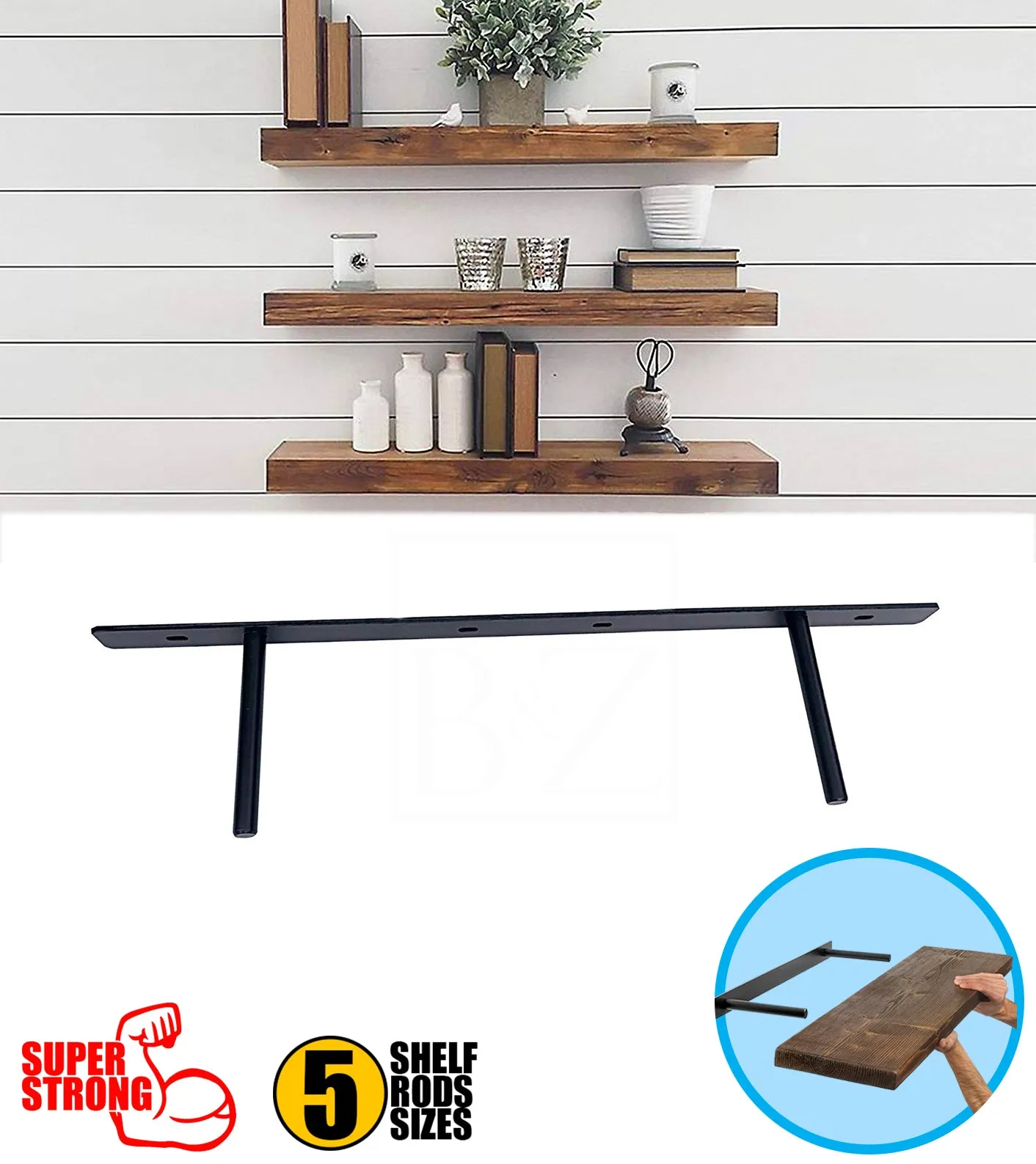 B&Z Heavy Duty Floating Shelf Brackets Long Easy to Fit Concealed Invisible Hidden Plate Bracket | Oak Mantel Timber Scaffold Board Wood Shelf - 5 Sizes & 3 Packs