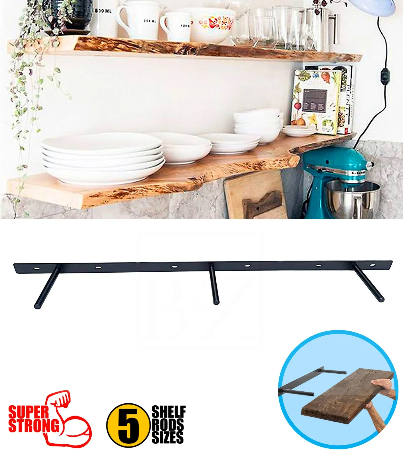 B&Z Heavy Duty Floating Shelf Brackets Long Easy to Fit Concealed Invisible Hidden Plate Bracket | Oak Mantel Timber Scaffold Board Wood Shelf - 5 Sizes & 3 Packs