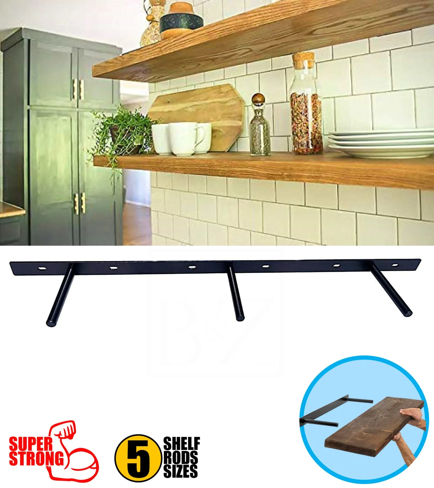 B&Z Heavy Duty Floating Shelf Brackets Long Easy to Fit Concealed Invisible Hidden Plate Bracket | Oak Mantel Timber Scaffold Board Wood Shelf - 5 Sizes & 3 Packs