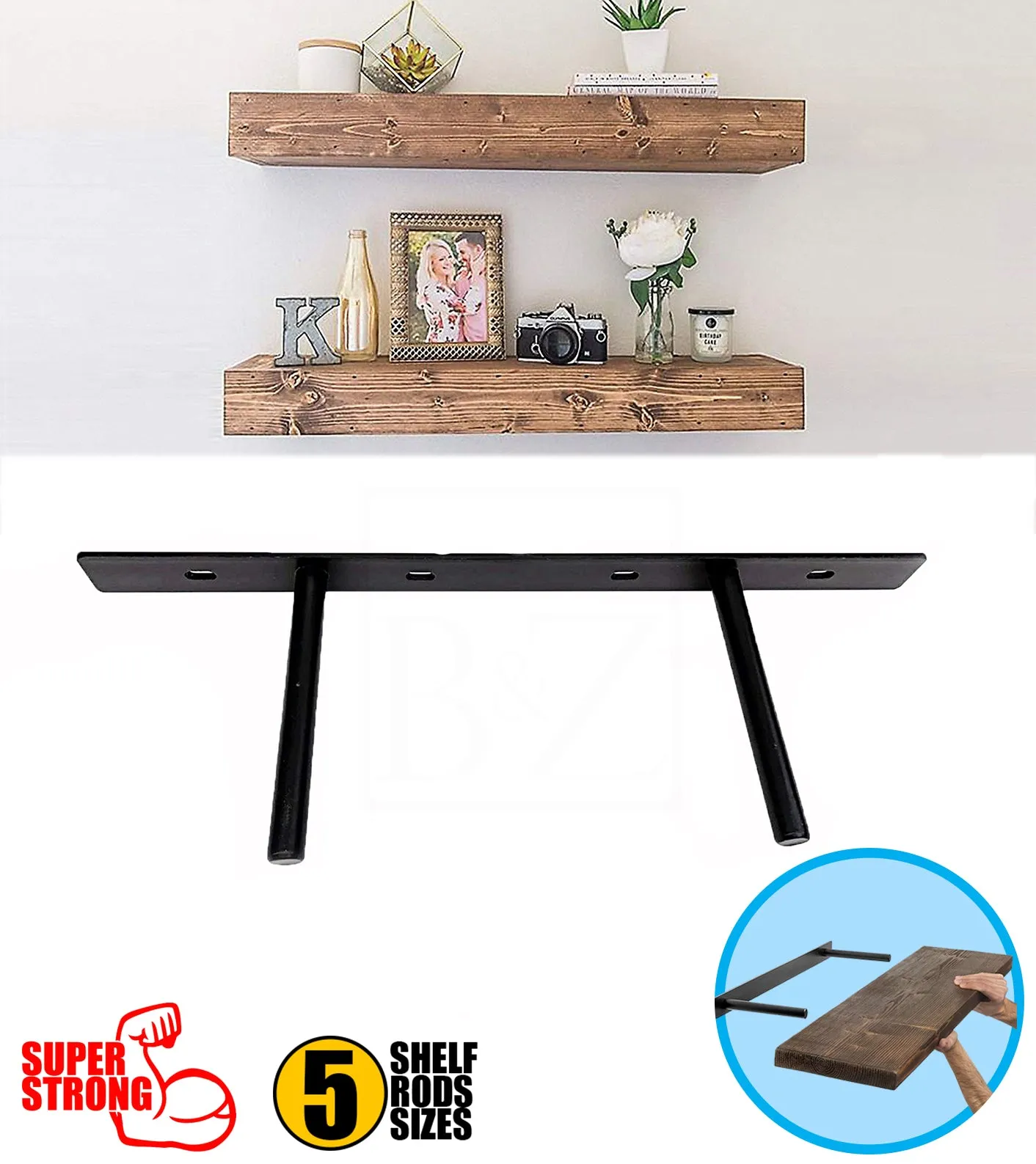 B&Z Heavy Duty Floating Shelf Brackets Long Easy to Fit Concealed Invisible Hidden Plate Bracket | Oak Mantel Timber Scaffold Board Wood Shelf - 5 Sizes & 3 Packs