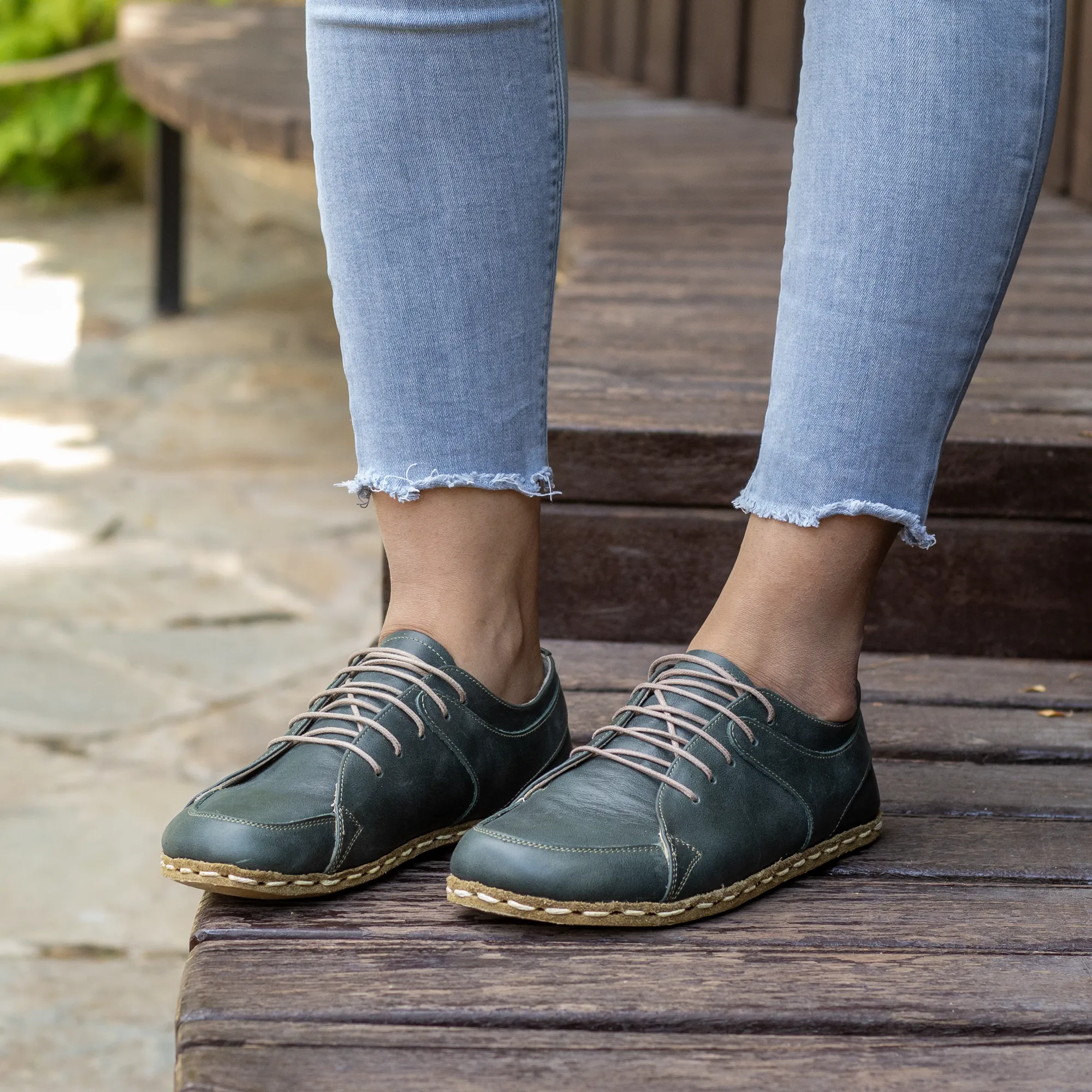 Barefoot Sport Shoes Handmade Women's Toledo Green Leather Earthing Sneakers