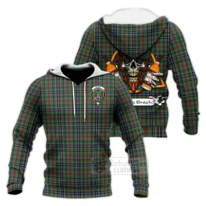 Bisset Tartan Knitted Hoodie with Family Crest and Bearded Skull Holding Bottles of Whiskey