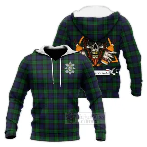 Black Watch Tartan Knitted Hoodie with Family Crest and Bearded Skull Holding Bottles of Whiskey