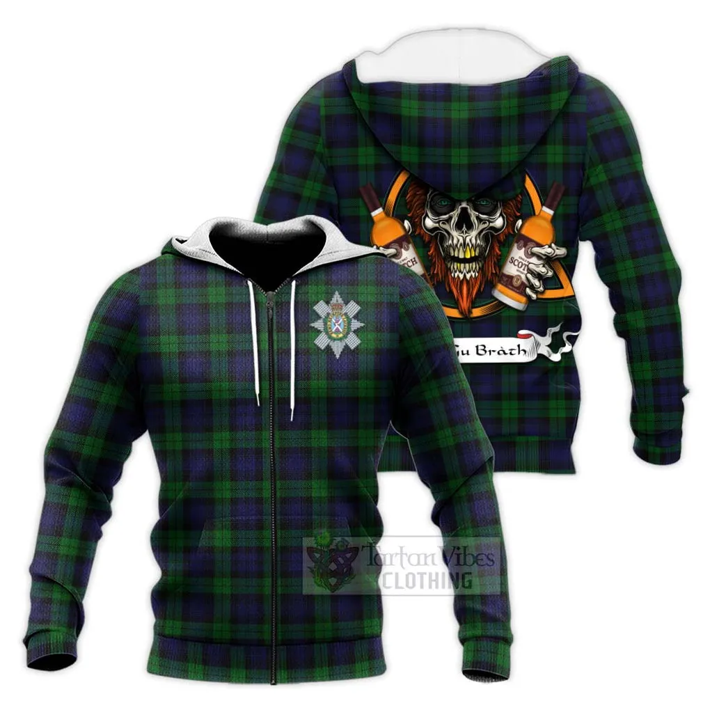 Black Watch Tartan Knitted Hoodie with Family Crest and Bearded Skull Holding Bottles of Whiskey