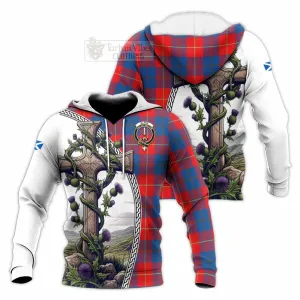 Blane Tartan Knitted Hoodie with Family Crest and St. Andrew's Cross Accented by Thistle Vines