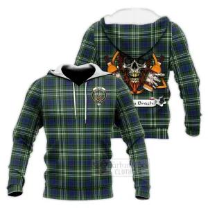 Blyth Tartan Knitted Hoodie with Family Crest and Bearded Skull Holding Bottles of Whiskey