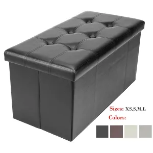 Bonnlo Leather Folding Organizer Seat Storage Ottoman Bench, Footrest Stool Coffee Table Cube Portable Camping Fishing Stool,Clutter Toys Collection Quick and Easy Assembly 30x15x15 Inches (Black)