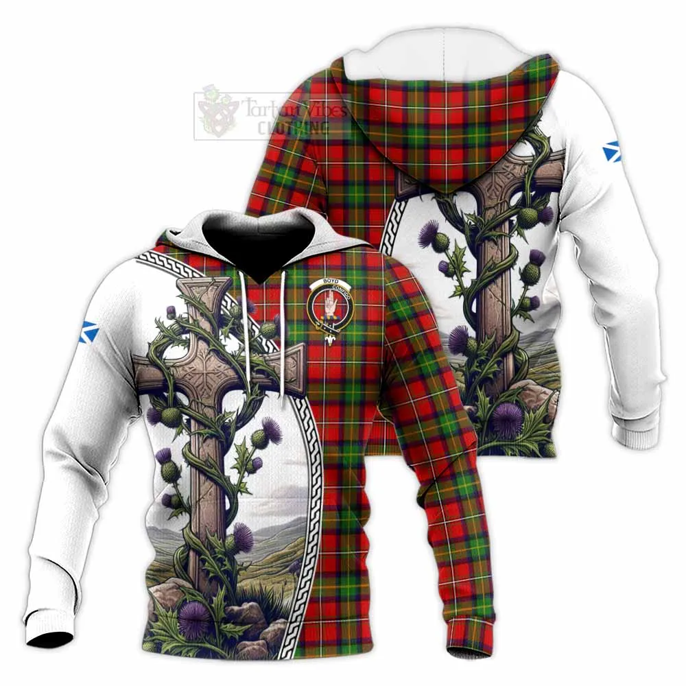 Boyd Tartan Knitted Hoodie with Family Crest and St. Andrew's Cross Accented by Thistle Vines