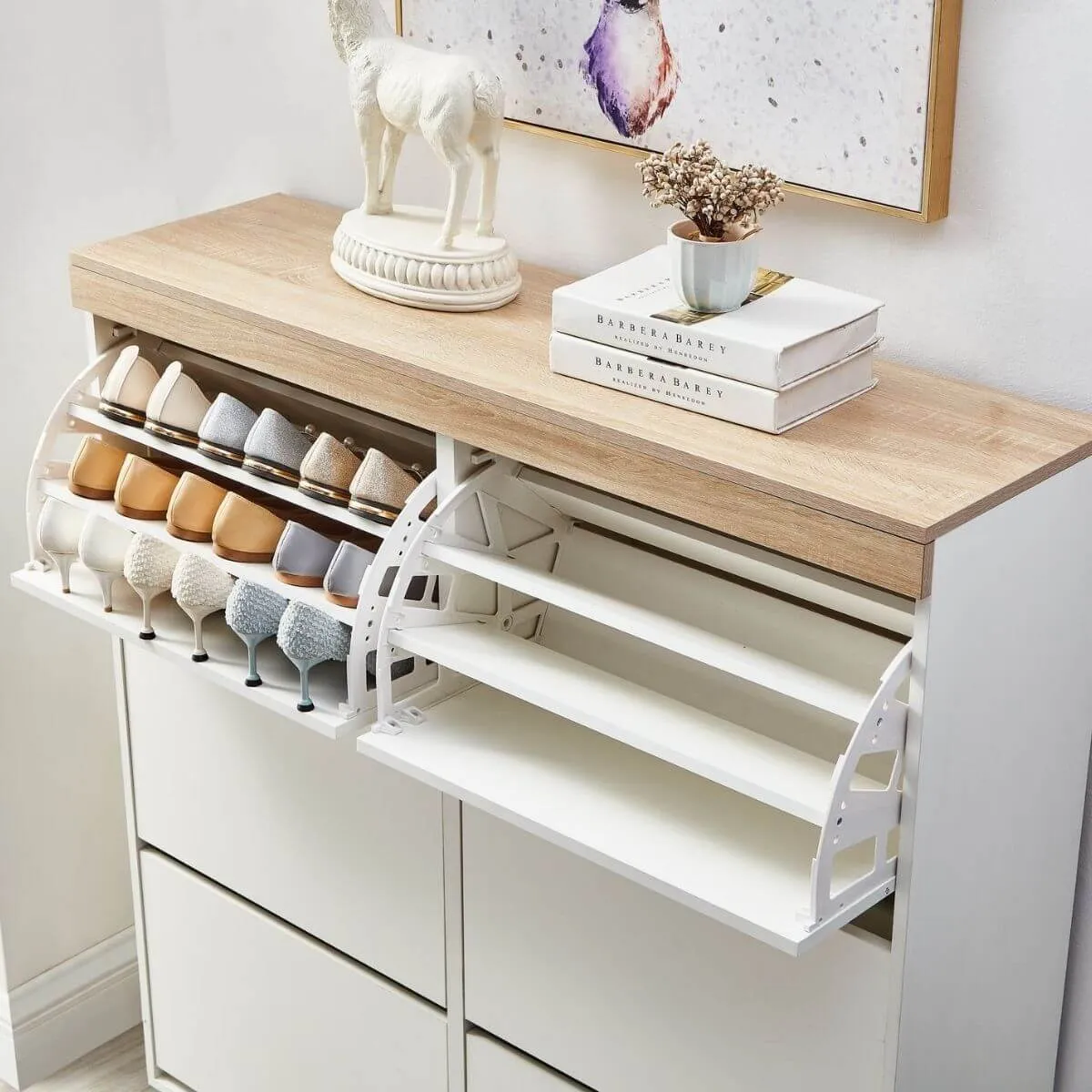 Coastal White Oak Large Shoe Cabinet Storage Shelf