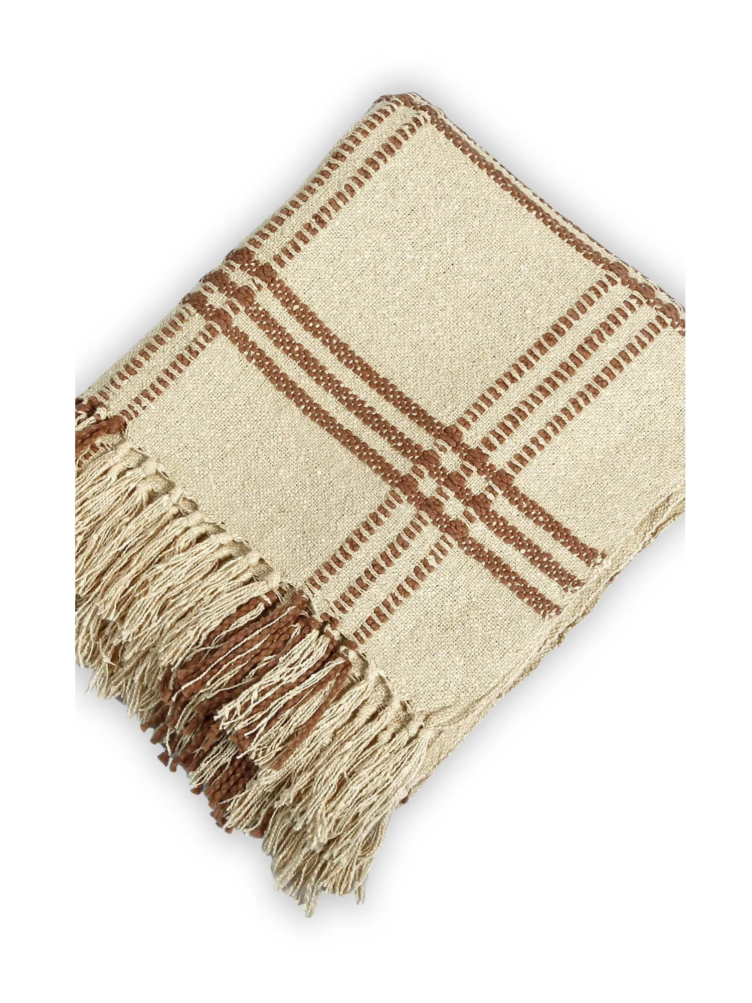 Cotton Boucle Large Checkered Pattern Throw Blanket - Brown