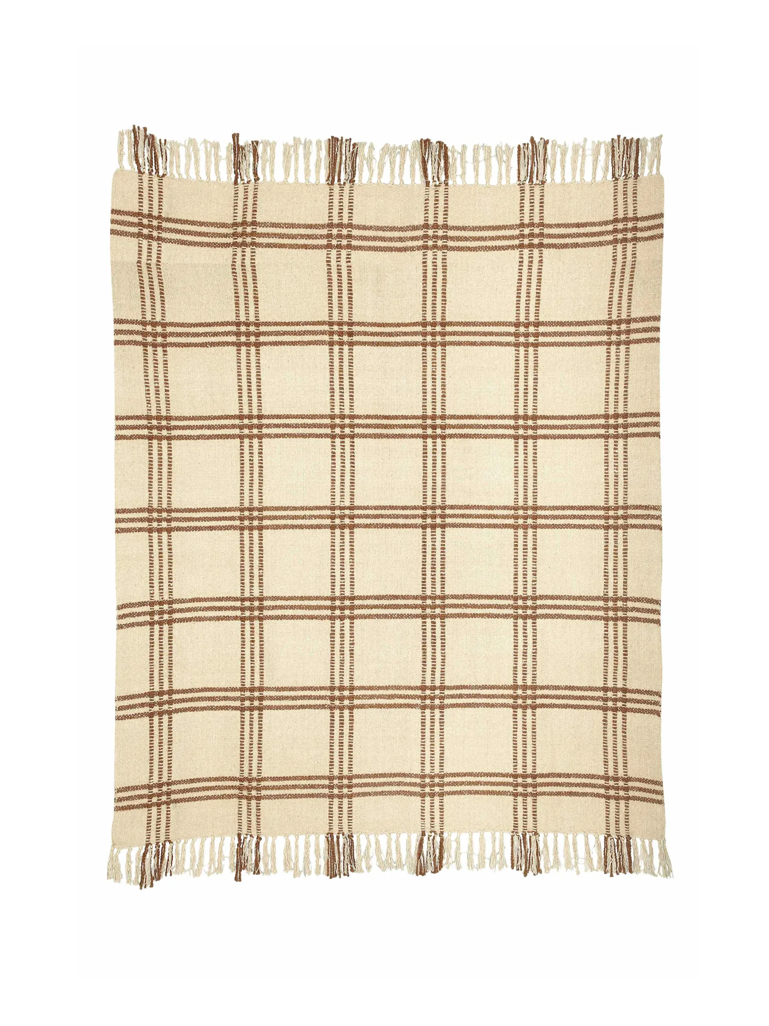 Cotton Boucle Large Checkered Pattern Throw Blanket - Brown