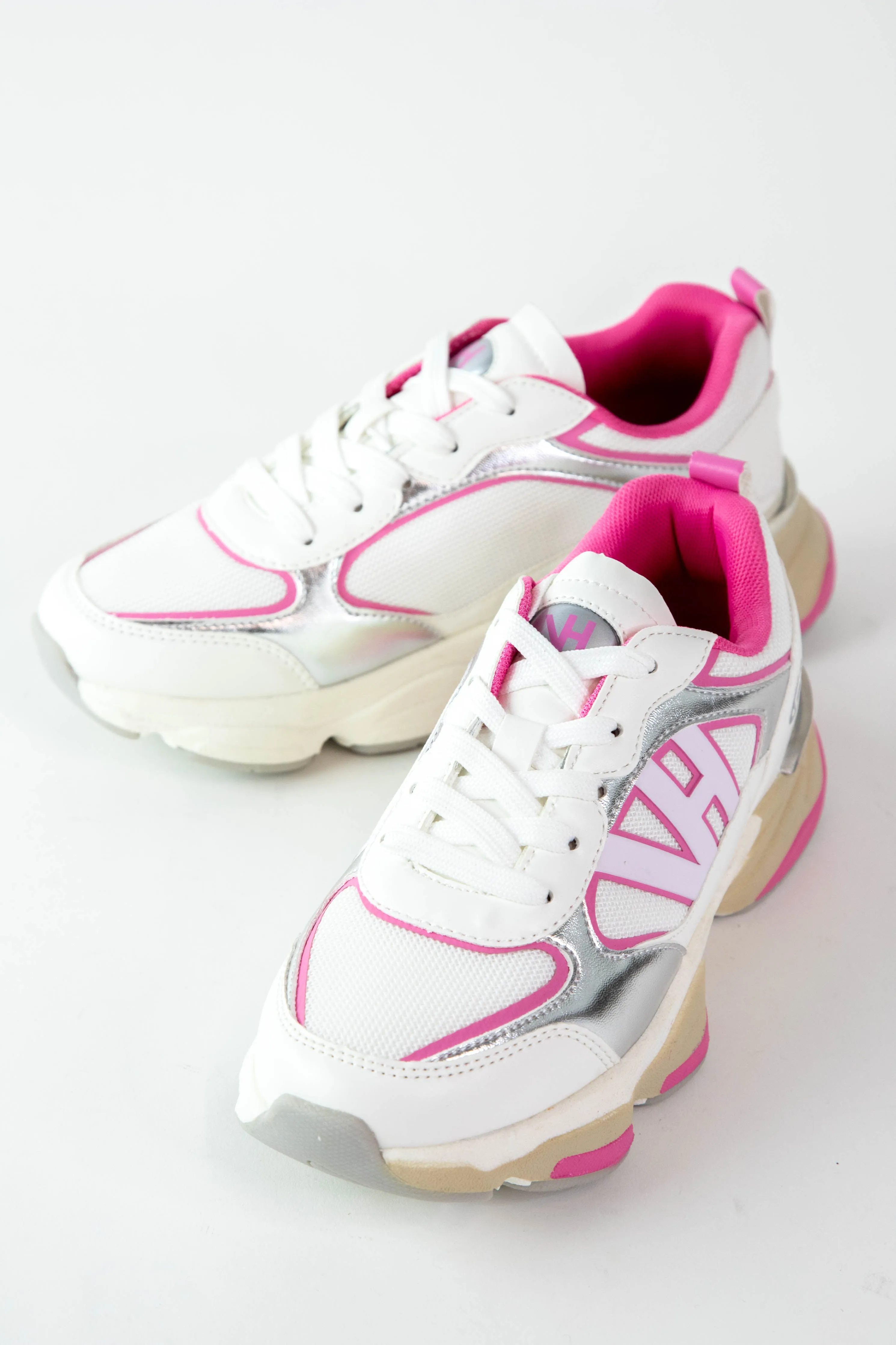 Dash Logo Running Sneaker, White/Silver/Pink | Vintage Havana