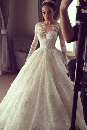 Elegant Ball Gown Lace Long Wedding Dress with Long Illusion Sleeves WD280