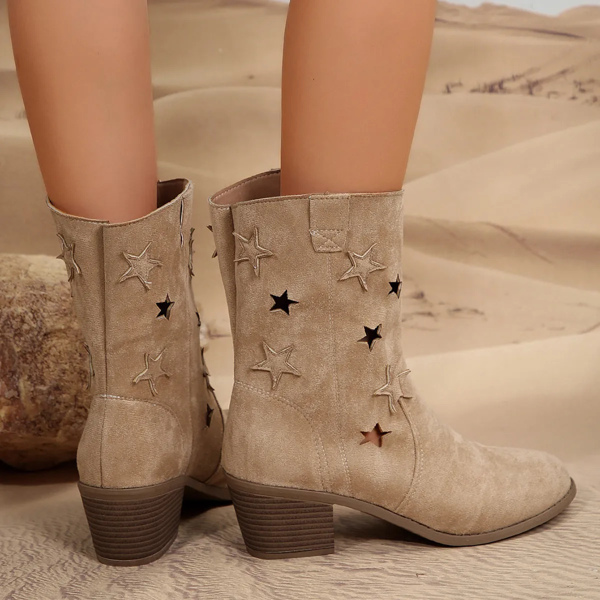 Fashion Mid-calf Boots With Hollow-stars Design Retro Pointed-toe Square Heel Western Boots Fall And Winter Shoes