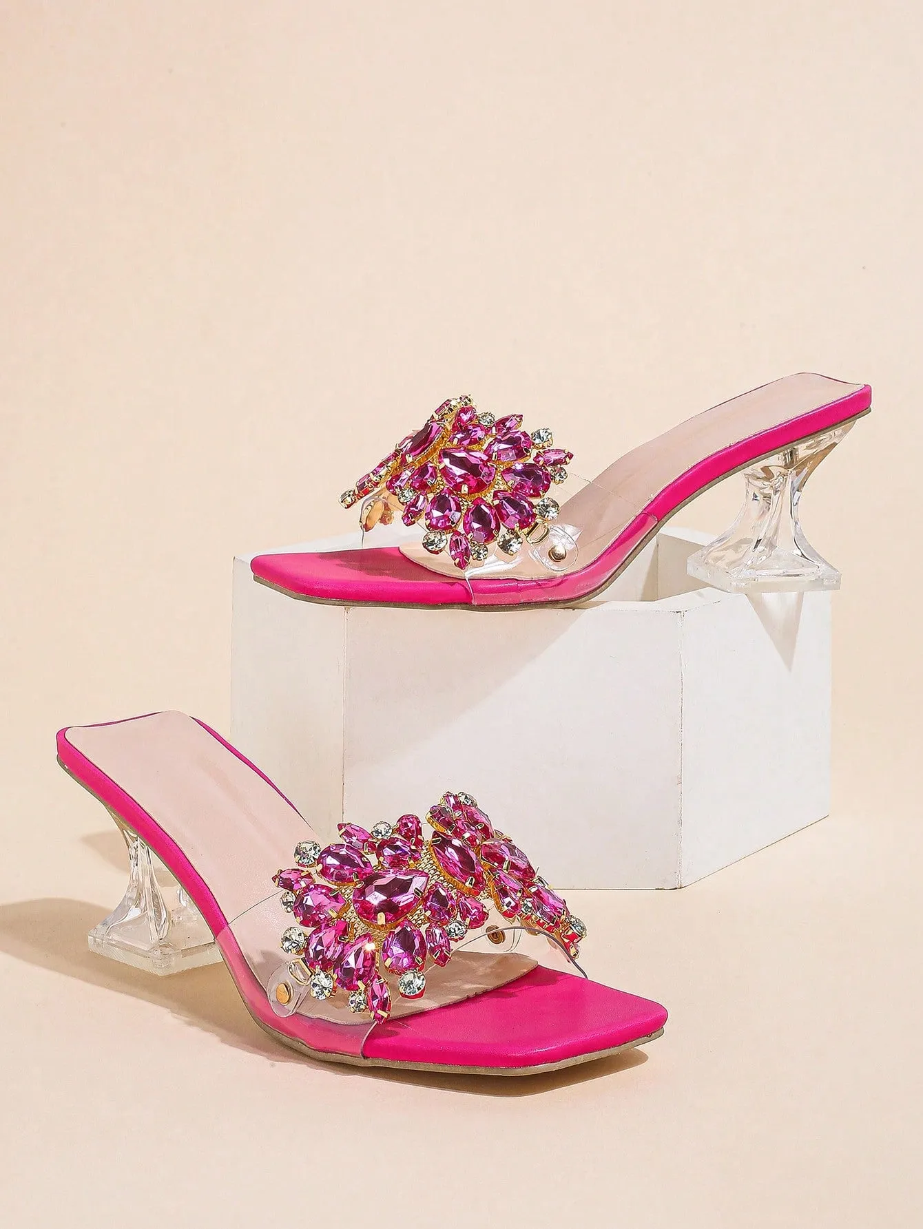 Fashionable & Shiny Rhinestone Buckle, Clear & Asymmetric High Heel Sandals