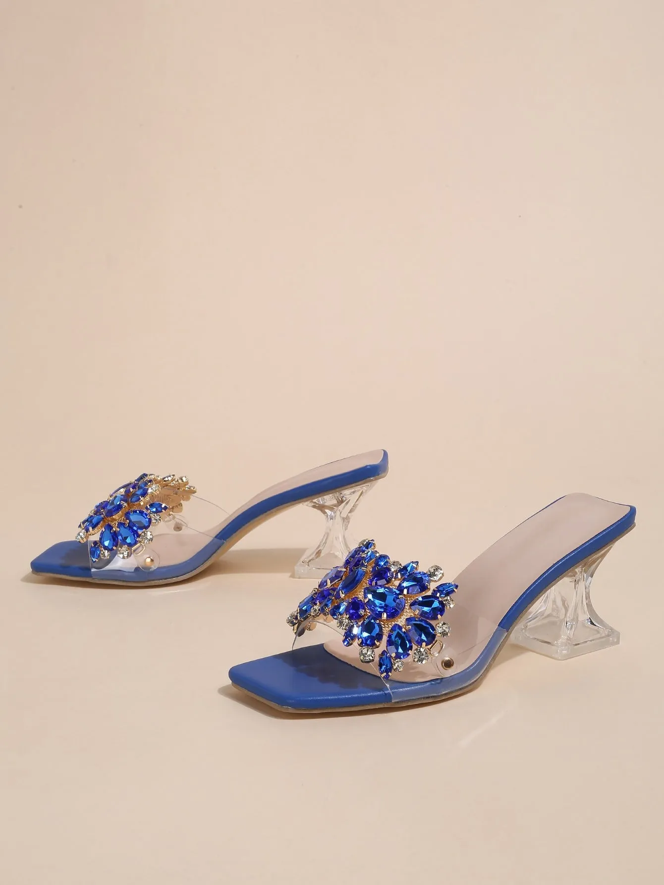 Fashionable & Shiny Rhinestone Buckle, Clear & Asymmetric High Heel Sandals