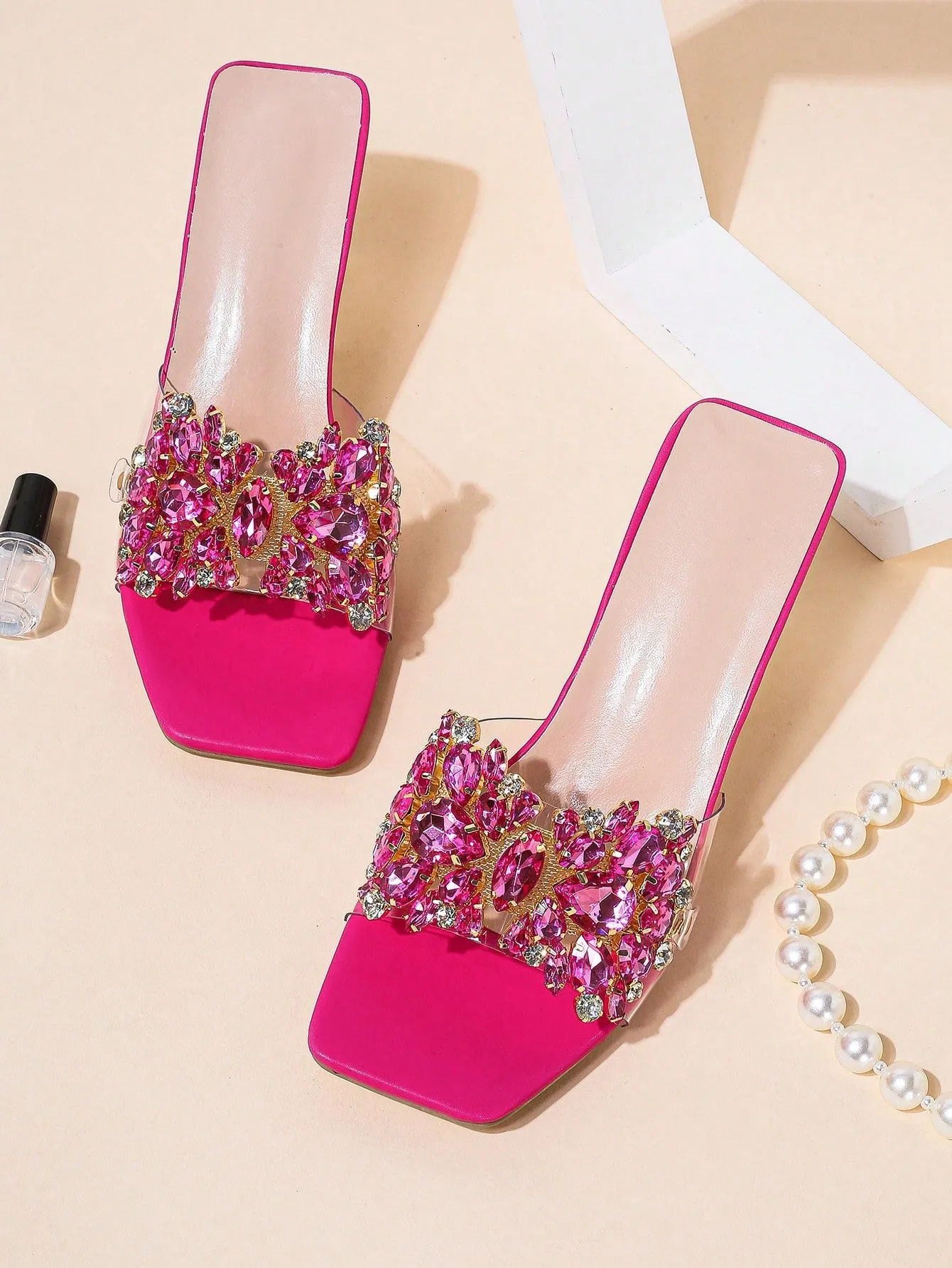 Fashionable & Shiny Rhinestone Buckle, Clear & Asymmetric High Heel Sandals