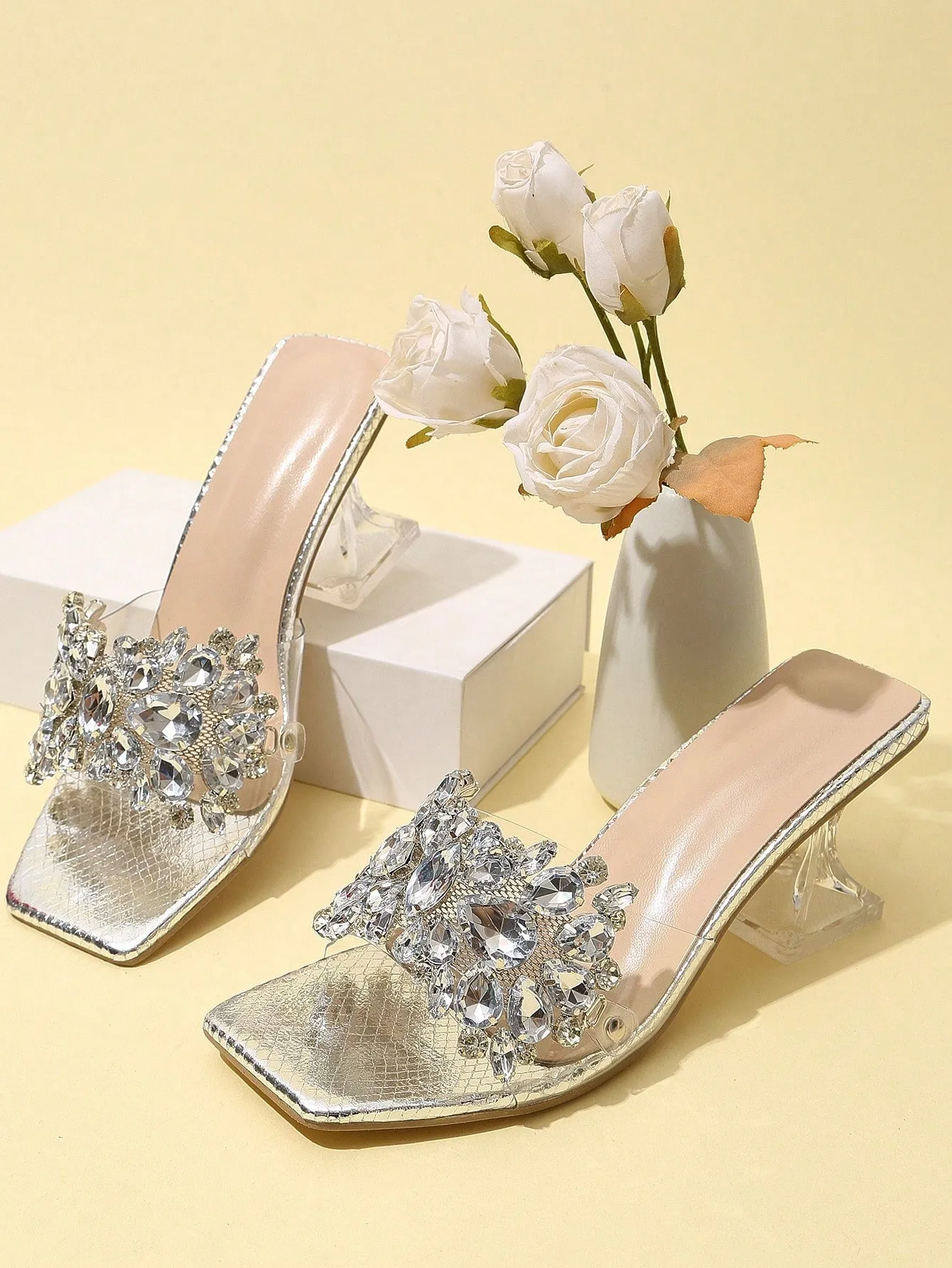 Fashionable & Shiny Rhinestone Buckle, Clear & Asymmetric High Heel Sandals