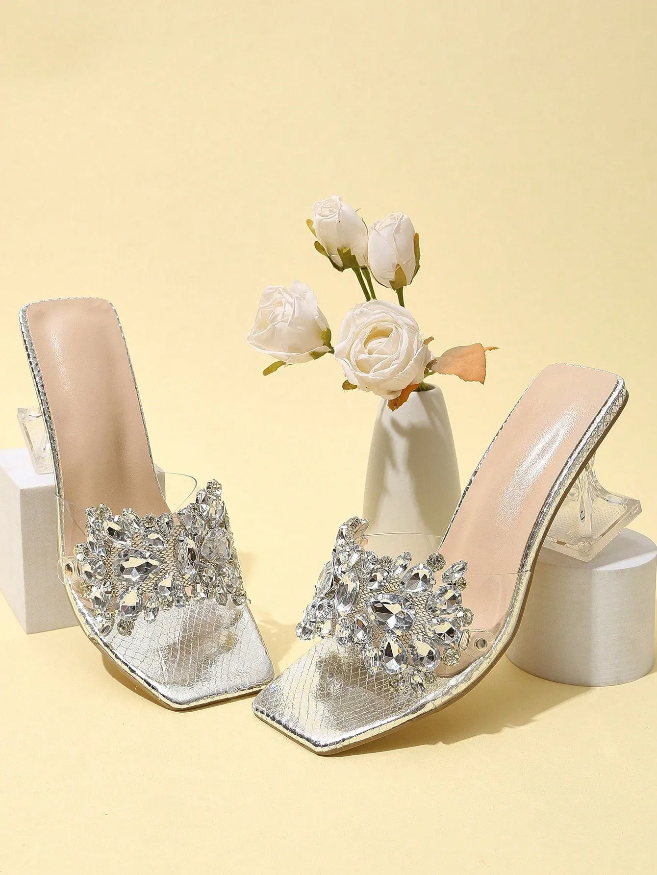 Fashionable & Shiny Rhinestone Buckle, Clear & Asymmetric High Heel Sandals