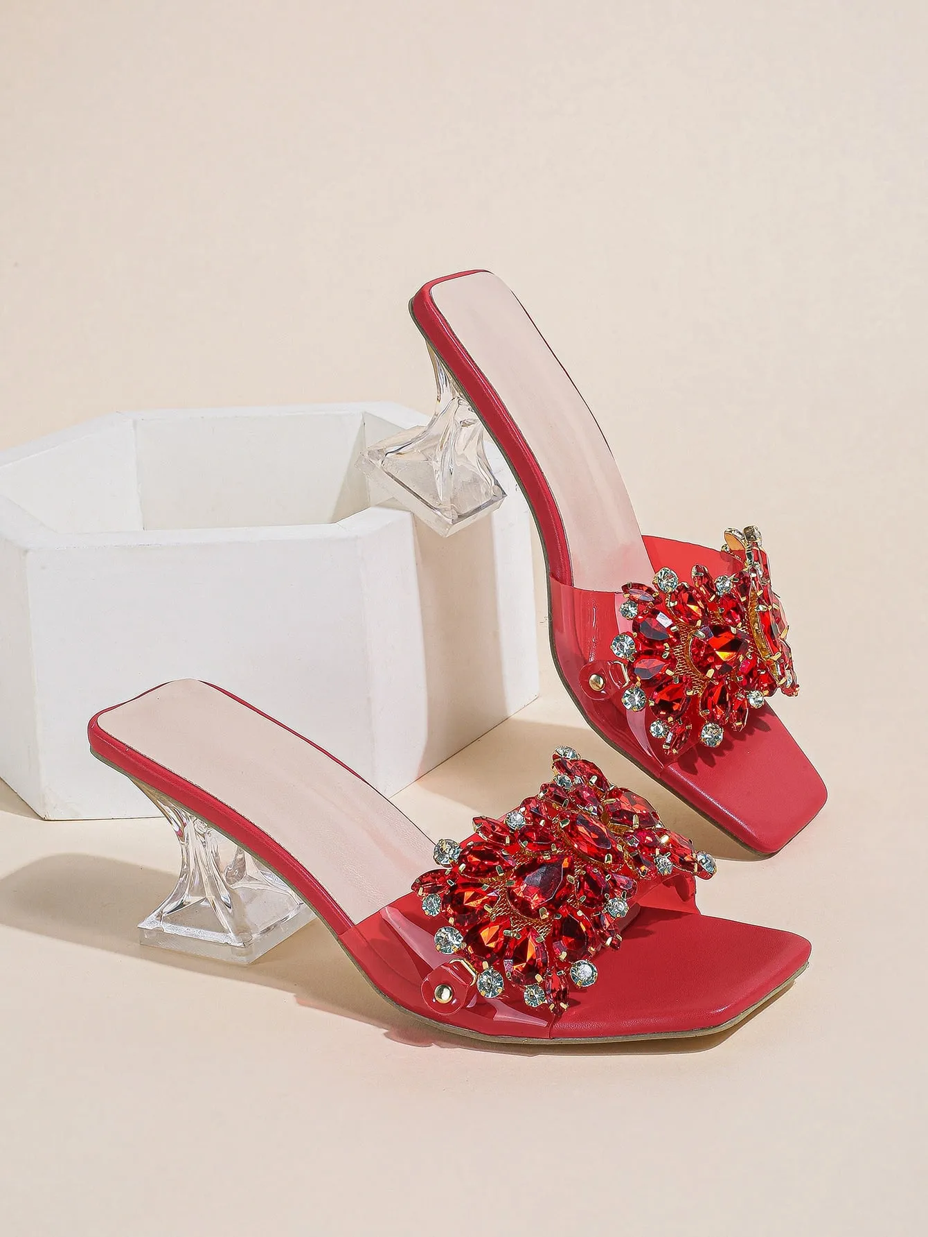 Fashionable & Shiny Rhinestone Buckle, Clear & Asymmetric High Heel Sandals