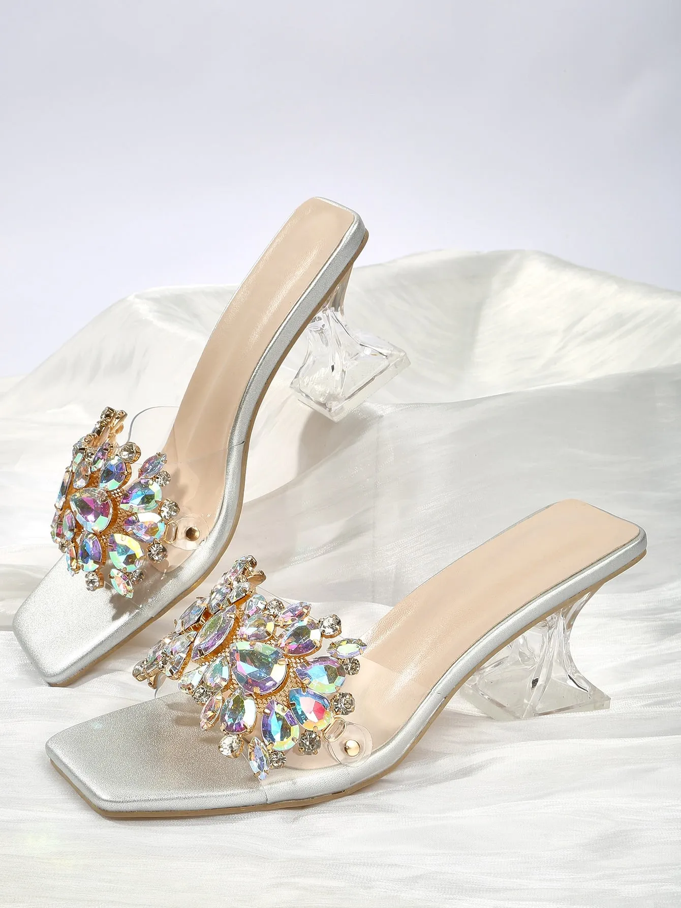 Fashionable & Shiny Rhinestone Buckle, Clear & Asymmetric High Heel Sandals