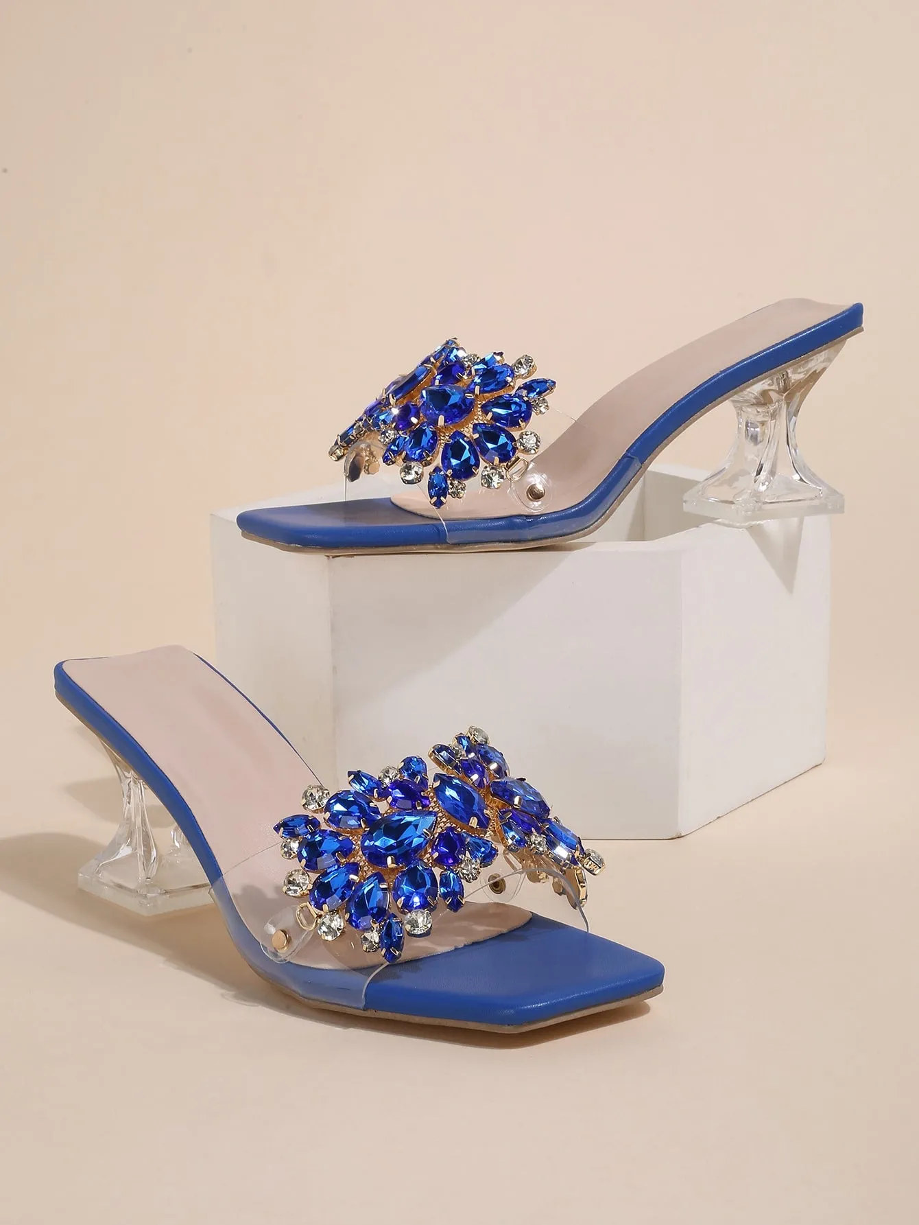 Fashionable & Shiny Rhinestone Buckle, Clear & Asymmetric High Heel Sandals