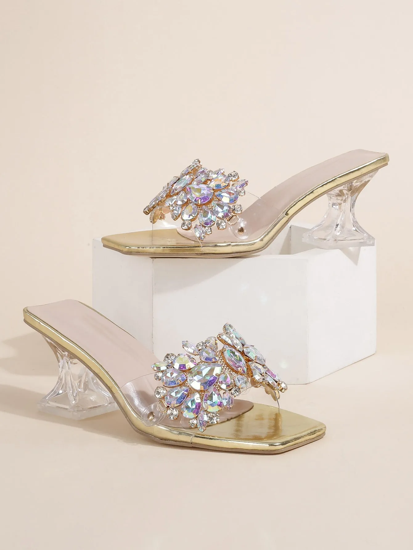 Fashionable & Shiny Rhinestone Buckle, Clear & Asymmetric High Heel Sandals