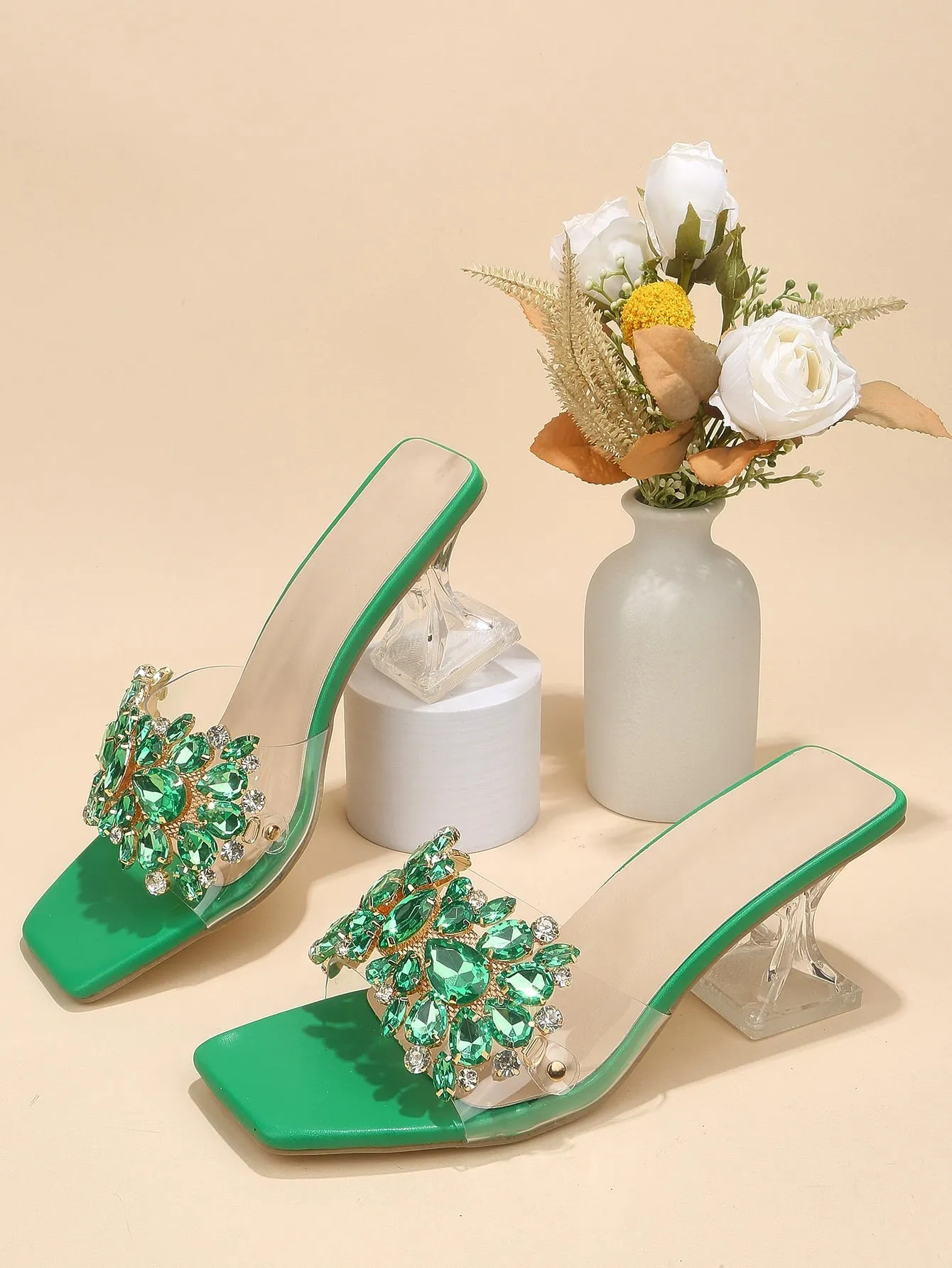 Fashionable & Shiny Rhinestone Buckle, Clear & Asymmetric High Heel Sandals