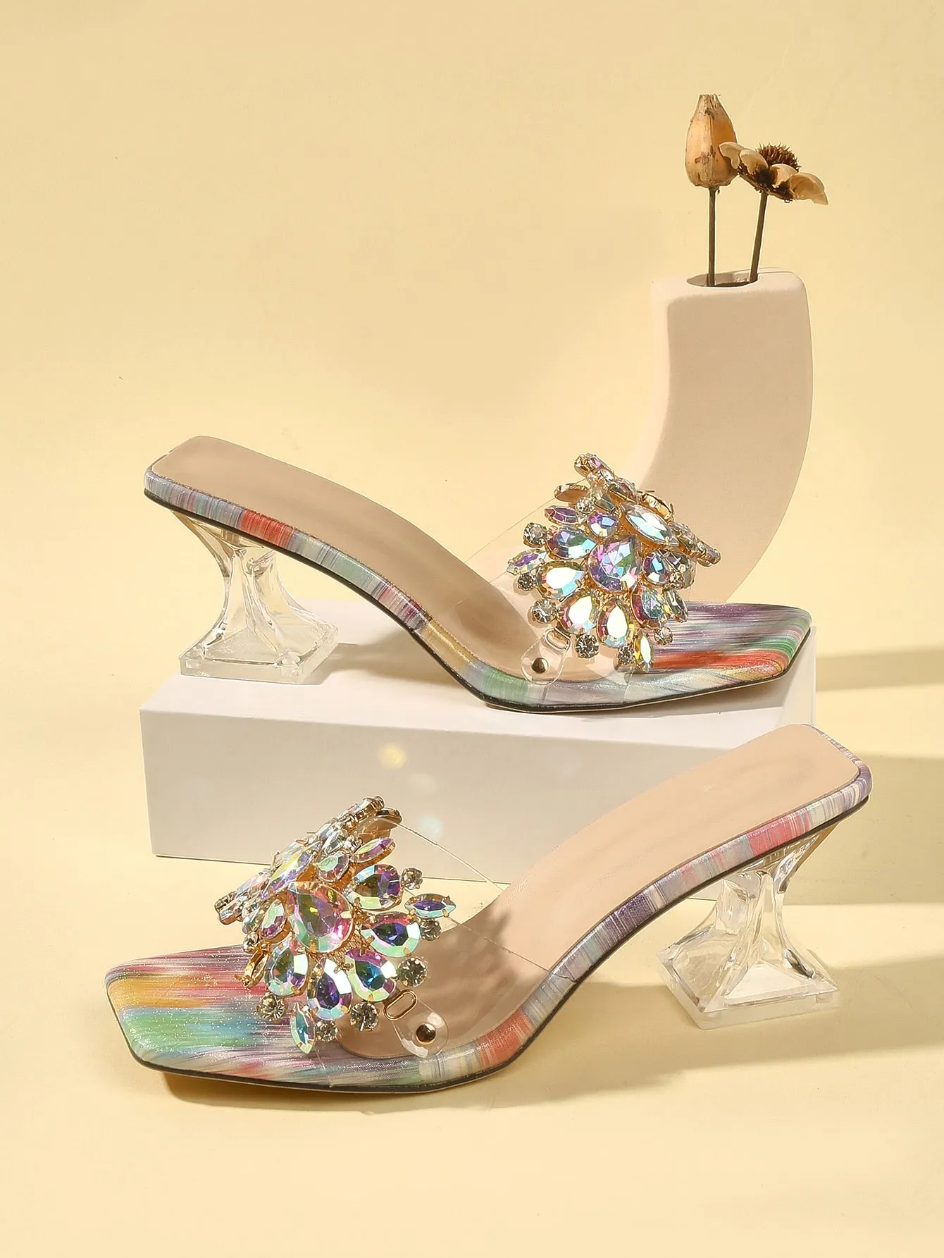 Fashionable & Shiny Rhinestone Buckle, Clear & Asymmetric High Heel Sandals