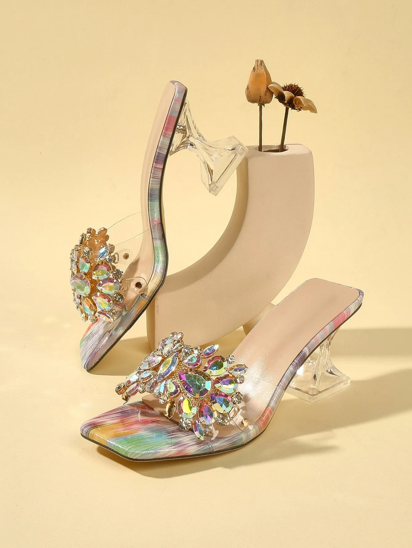 Fashionable & Shiny Rhinestone Buckle, Clear & Asymmetric High Heel Sandals