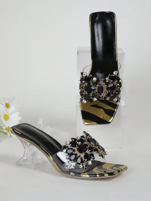 Fashionable & Shiny Rhinestone Buckle, Clear & Asymmetric High Heel Sandals