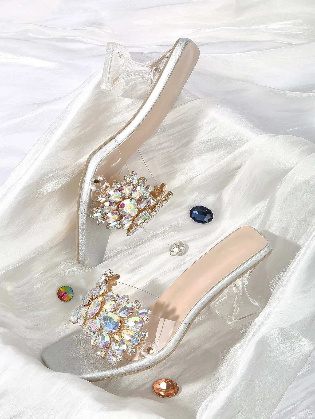 Fashionable & Shiny Rhinestone Buckle, Clear & Asymmetric High Heel Sandals