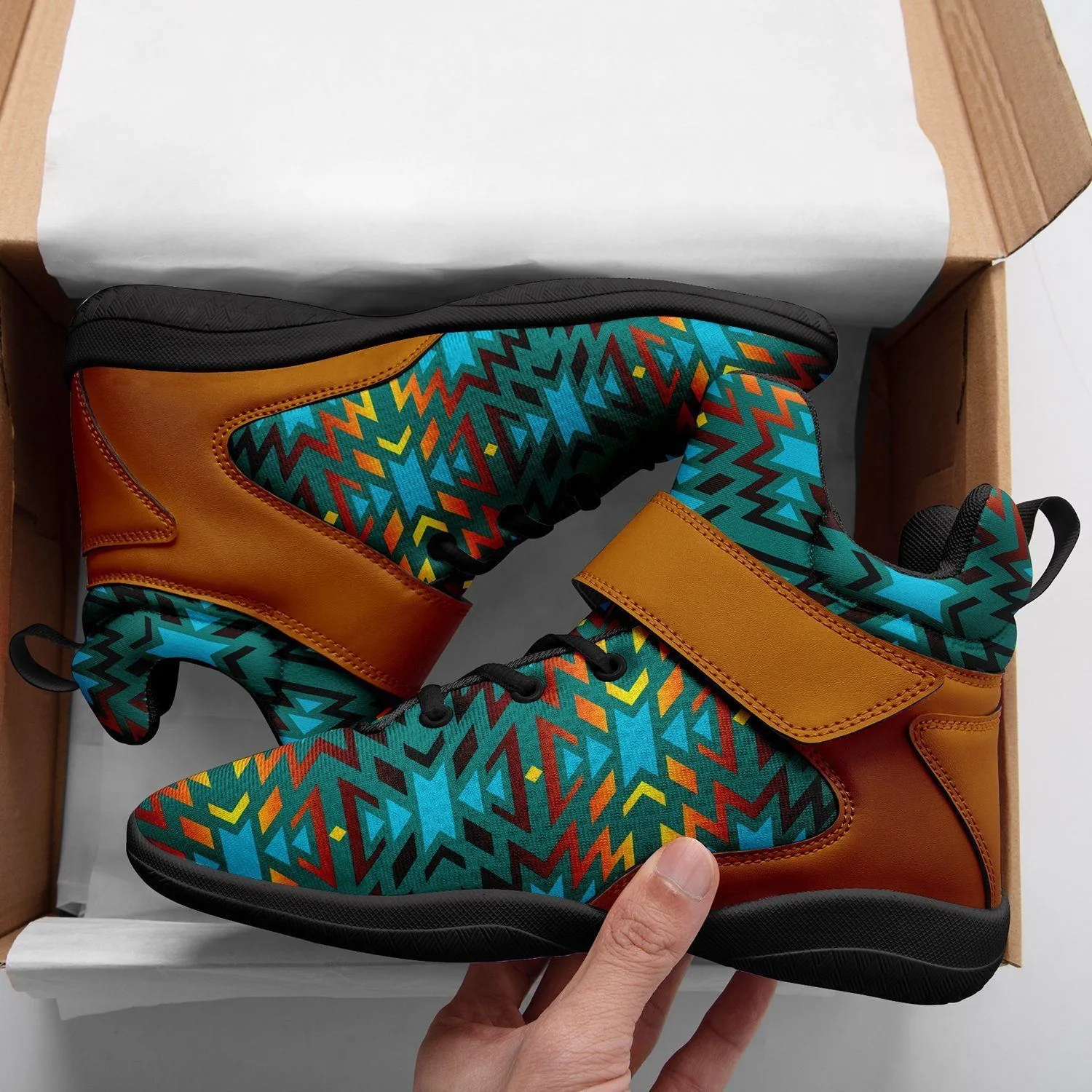 Fire Colors and Turquoise Teal Ipottaa Basketball / Sport High Top Shoes - Black Sole