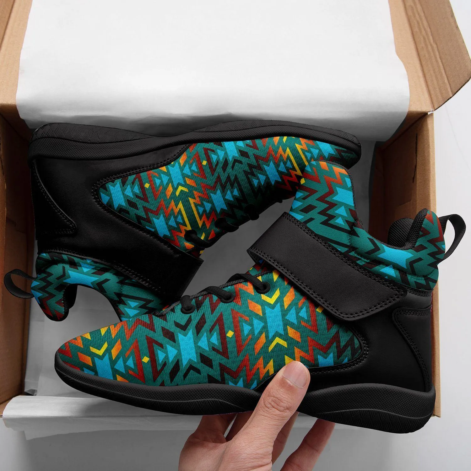 Fire Colors and Turquoise Teal Ipottaa Basketball / Sport High Top Shoes - Black Sole