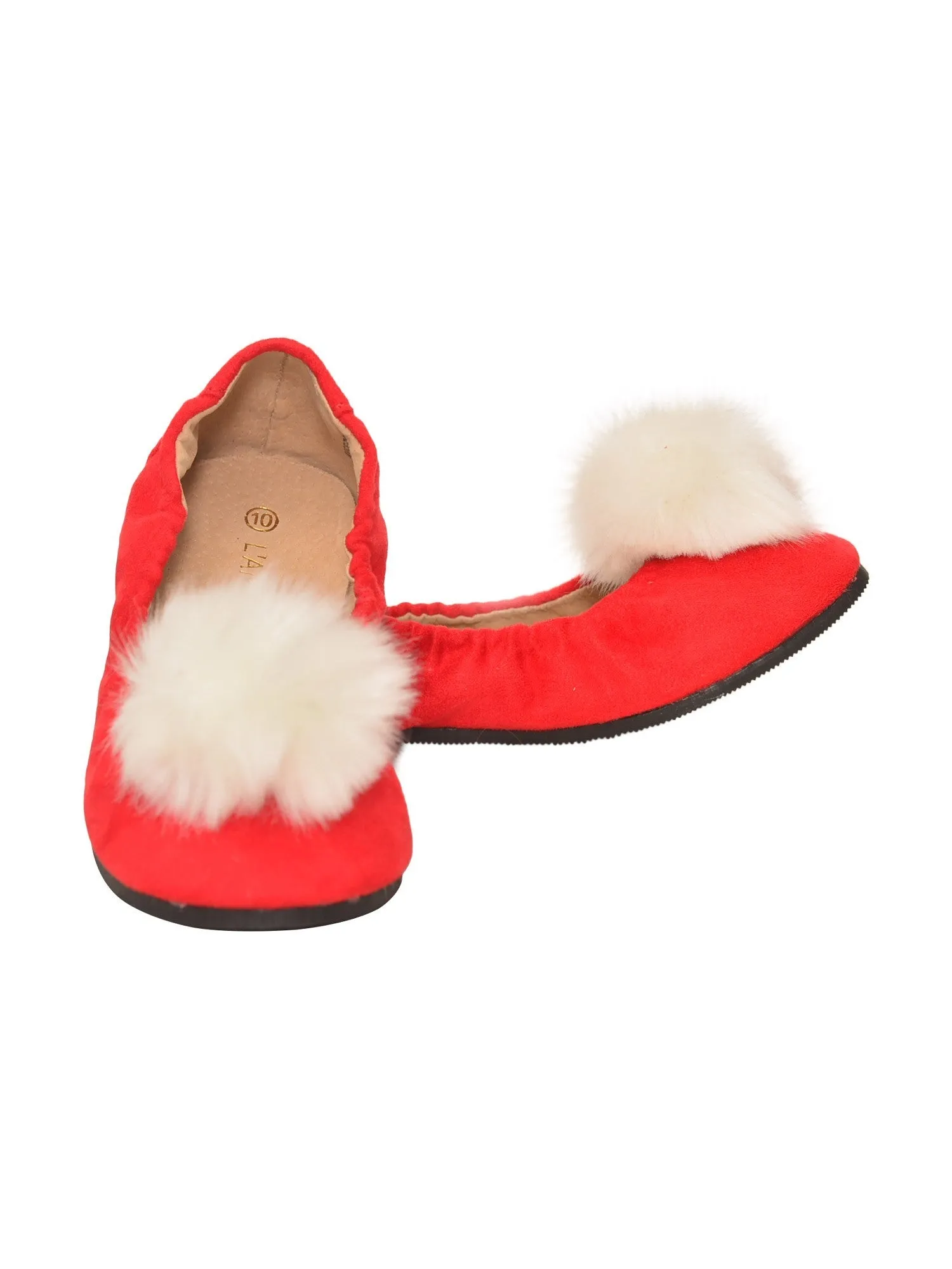 Girls Red Suede Faux Fur Pom Pom Flats 7 Toddler-4 Kids