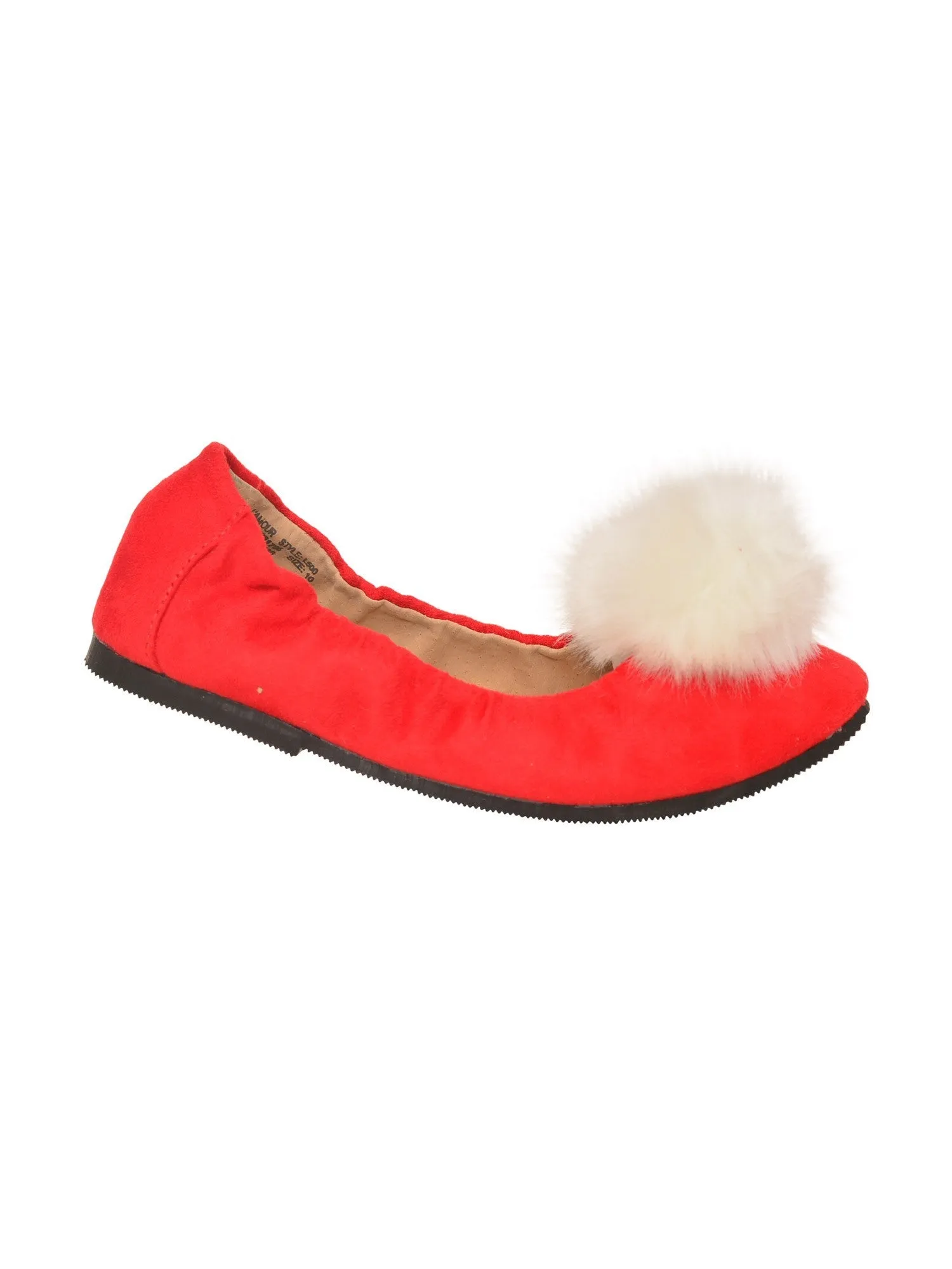 Girls Red Suede Faux Fur Pom Pom Flats 7 Toddler-4 Kids