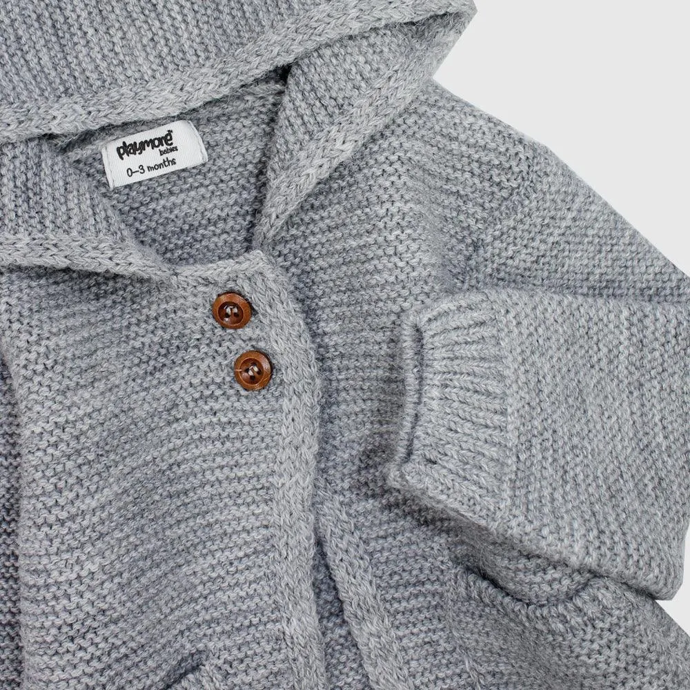 Grey Long-Sleeved Hooded Knit Jacket