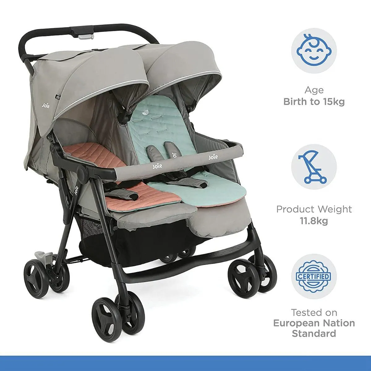 Joie Aire Twin Nectar & Mineral - Double Baby Stroller Rain Cover With Single Touch Brake for Ages 0-3 Years