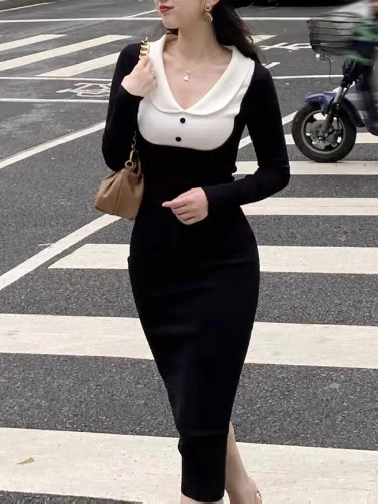 Joskaa Vintage Elegant Knitted Dress Women Bodycon Black Korean Chic Midi Dress Female Long Sleeve Evening Party Dress Fall Outfits 2024