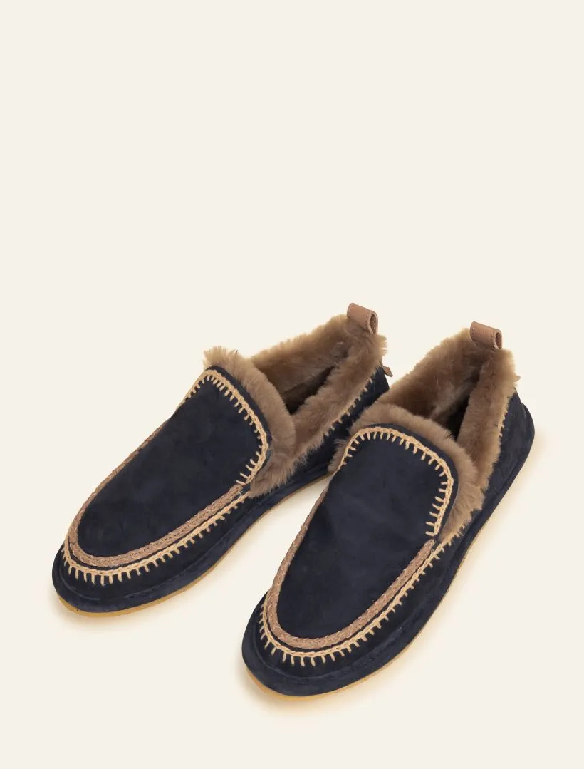 Jude Crochet Sheepskin Slipper Navy Suede Beige