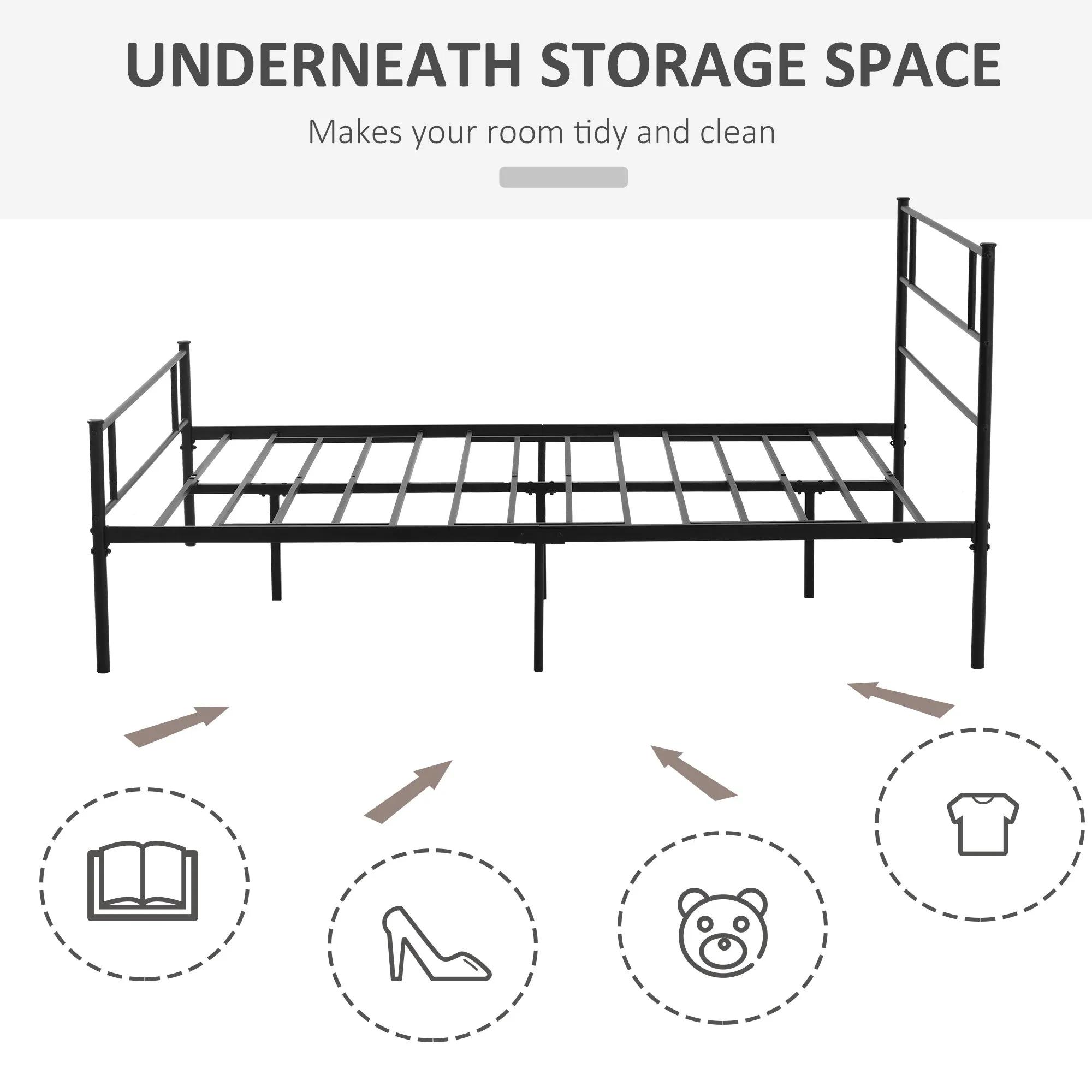 King Size Metal Bed Frame, Solid Bedstead Base with Headboard and Footboard, Metal Slat Support and Underbed Storage Space, Bedroom Furniture