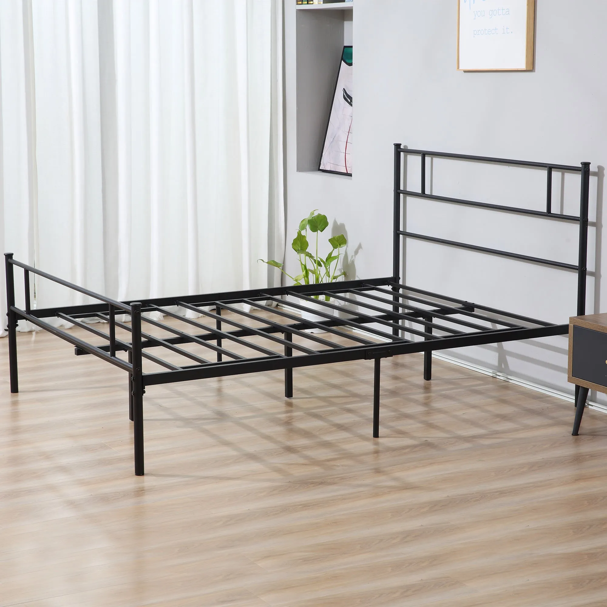 King Size Metal Bed Frame, Solid Bedstead Base with Headboard and Footboard, Metal Slat Support and Underbed Storage Space, Bedroom Furniture